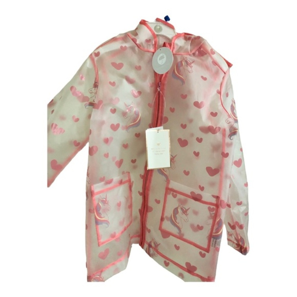Little girl’s‎ unicorn pink hearts translucent hooded Raincoat fits sizes 7-12
